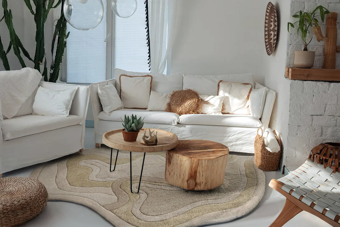 modern coastal living room with an organic shaped tan neutral wavy area rug