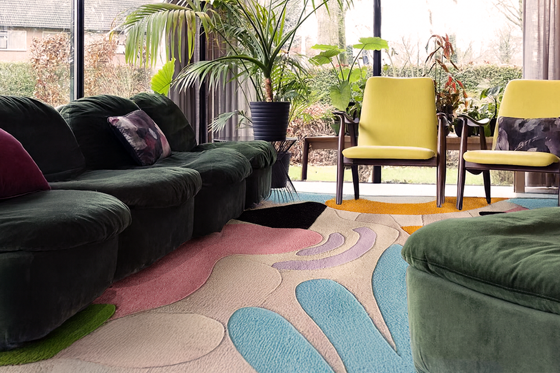 colorful living room with tropical style modern area rug