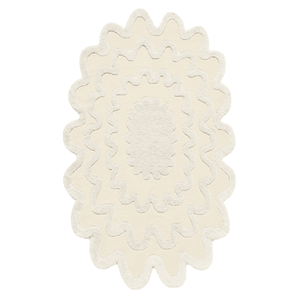 Cream and ivory ripple oval wool rug, soft neutral organic area rug