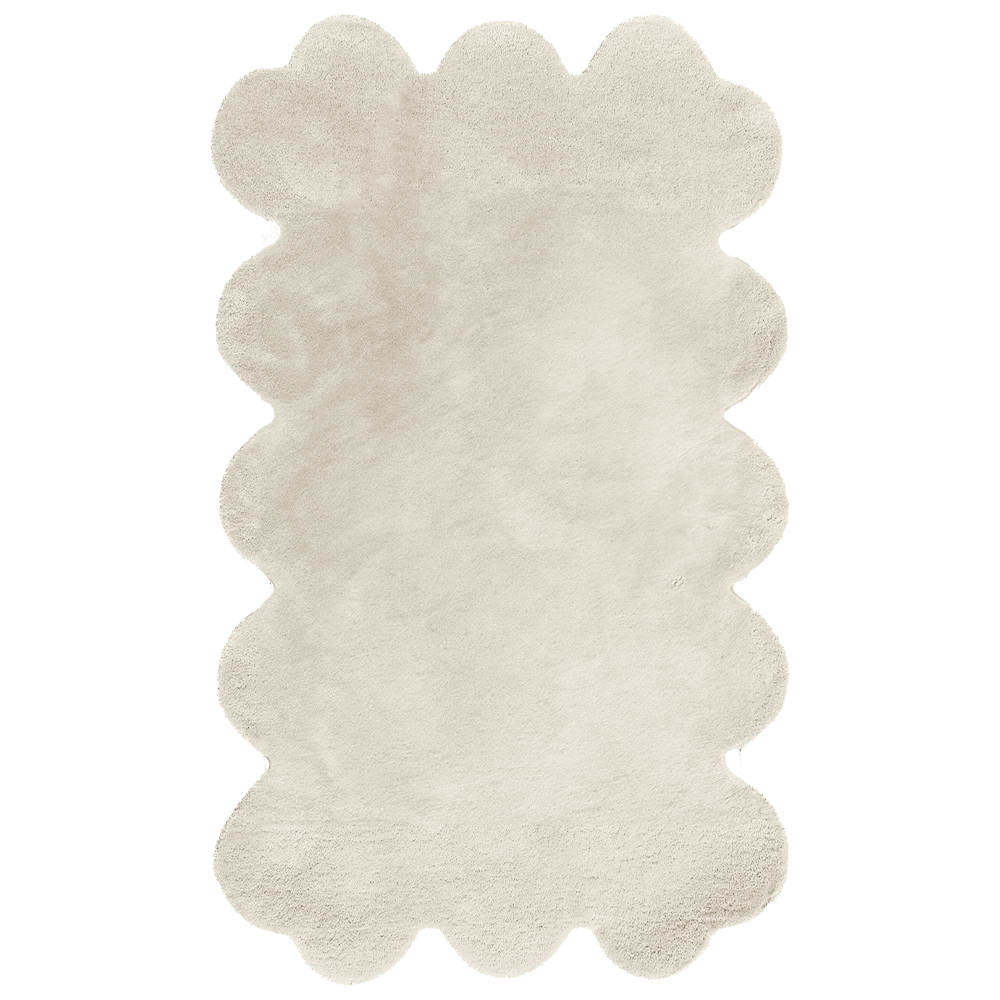 Cream white scalloped edge rug, neutral organic modern wool rug for living rooms