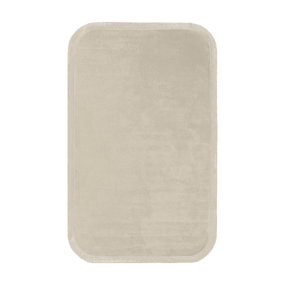 A soft, neutral-toned wool rug in a creamy beige color, subtly bordered with a matching contour edge for a seamless look.