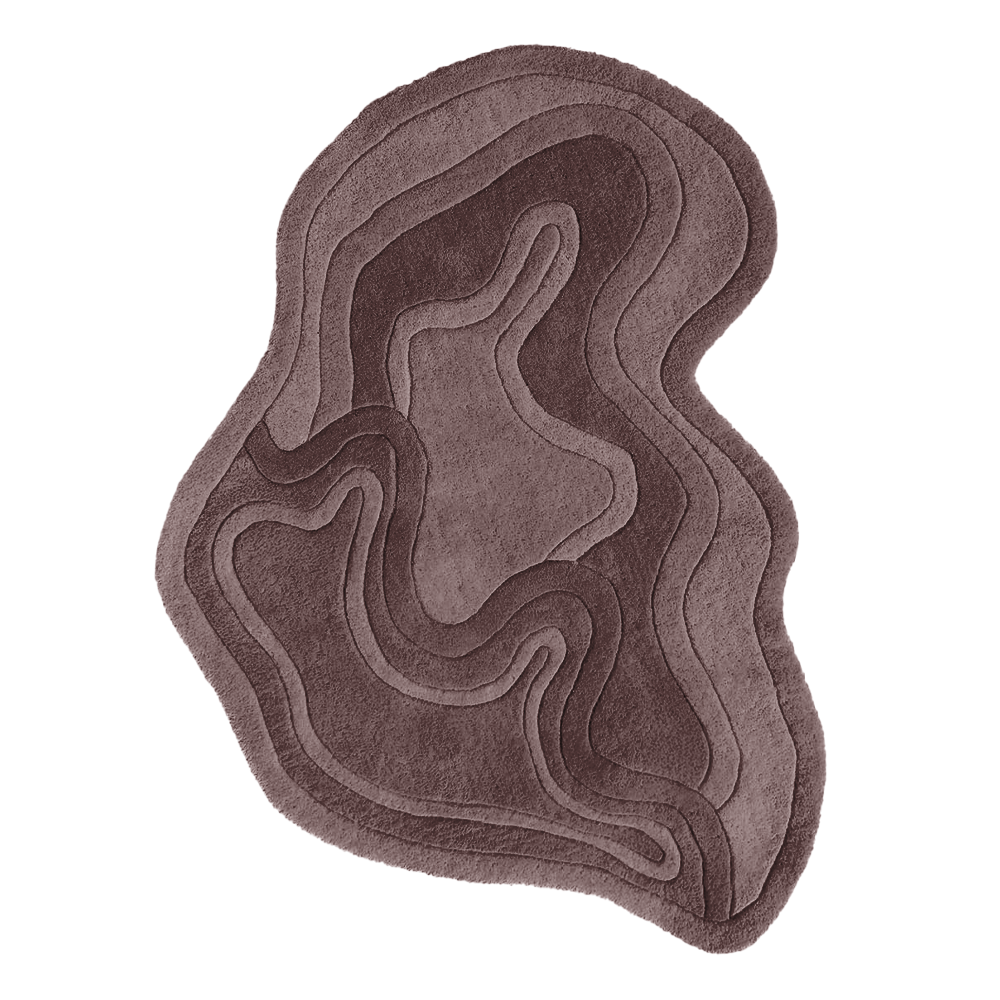 Neutral-toned abstract wool rug with a hand-carved, wavy pattern on a dark background.