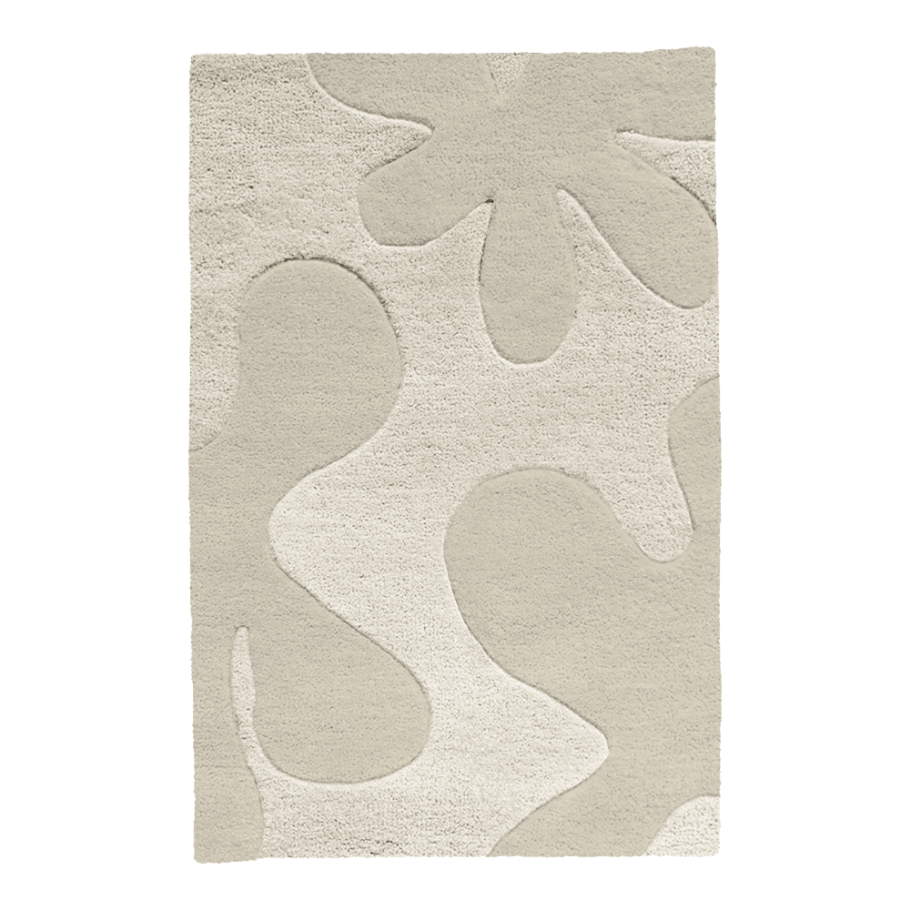 A neutral-toned abstract floral rug in cream and ivory, offering a subtle, sculptural pattern.