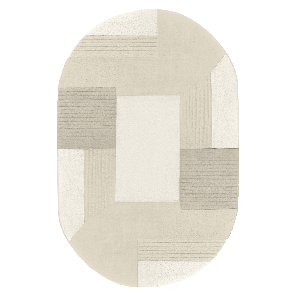 Neutral cream oval wool rug with sculpted texture and subtle modern geometric color blocks