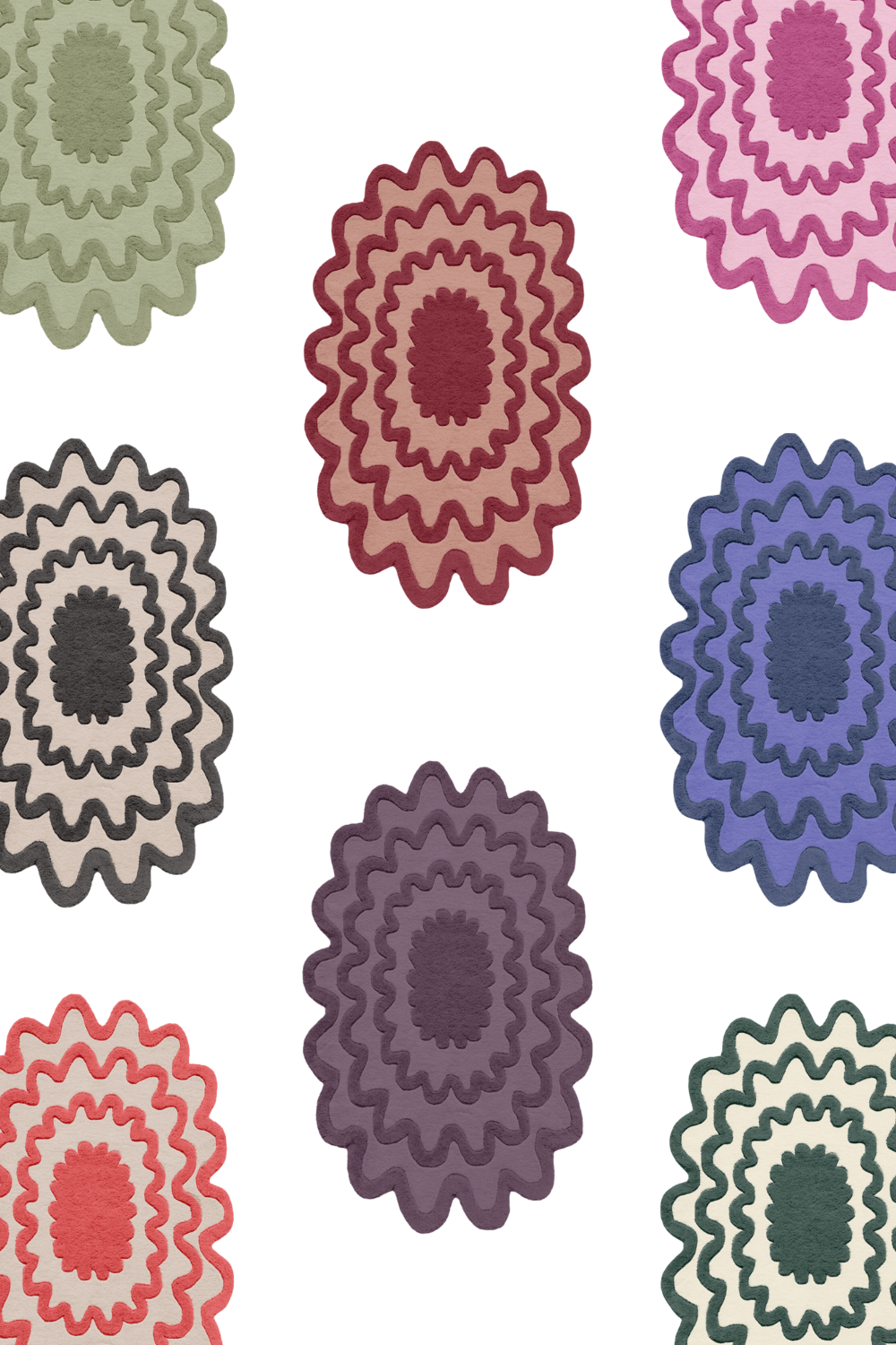 Multicolor ripple oval rugs displayed on a white wall, colorful modern rug options
