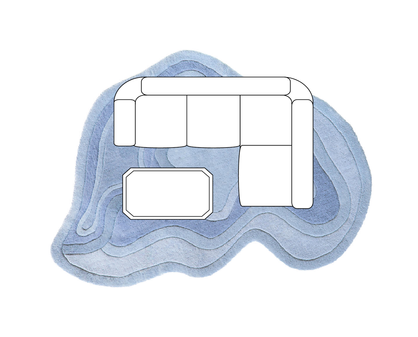 8x10 rug layout for a medium living room, shown with a sectional sofa and centered coffee table