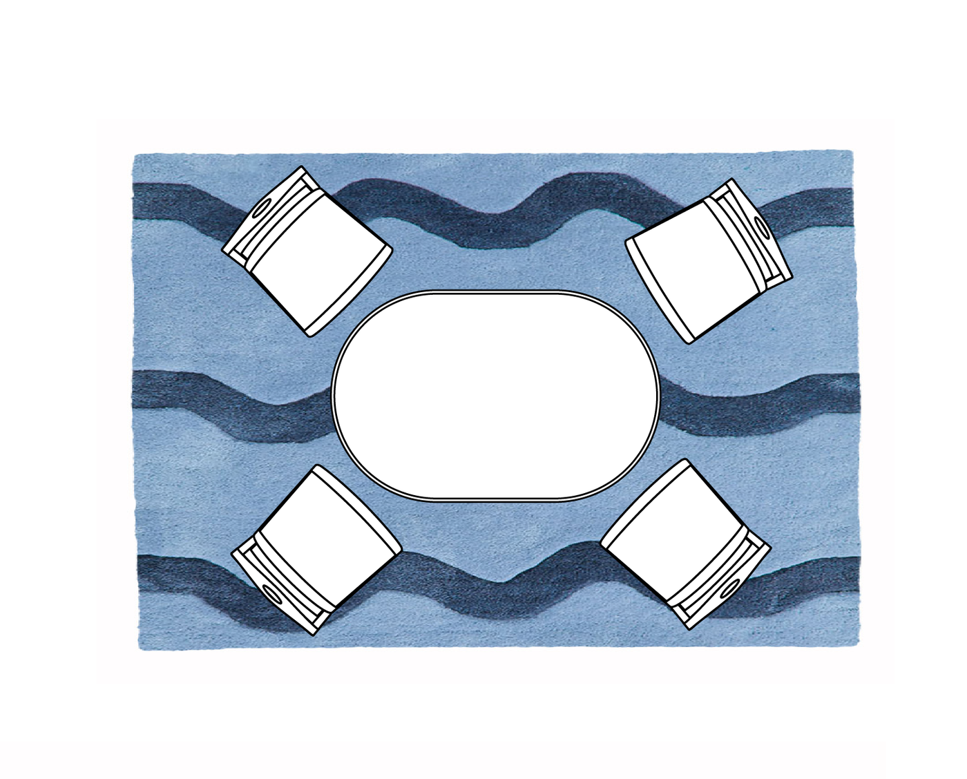 8x10 rectangular dining room rug in blue under a 4 to 6 seat oval table – standard rug sizing for medium dining areas.