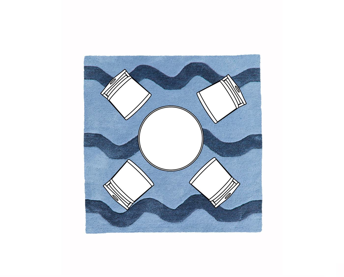 Blue 6x6 square rug under a round dining table with four chairs – ideal rug layout for 2 to 4 seat dining tables in small dining rooms.