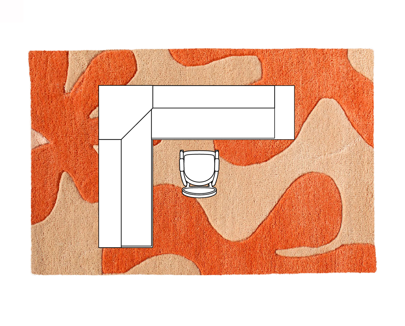 Oversized 9x12 rug in orange tones beneath an L-shaped desk and rolling chair – ideal for spacious home office layouts.