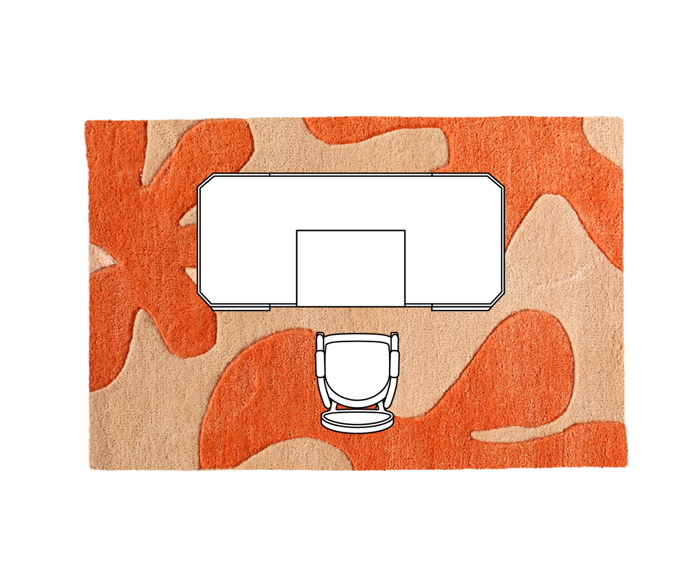 8x10 rectangular orange rug under a full desk and chair setup – standard rug size for medium-sized home offices.