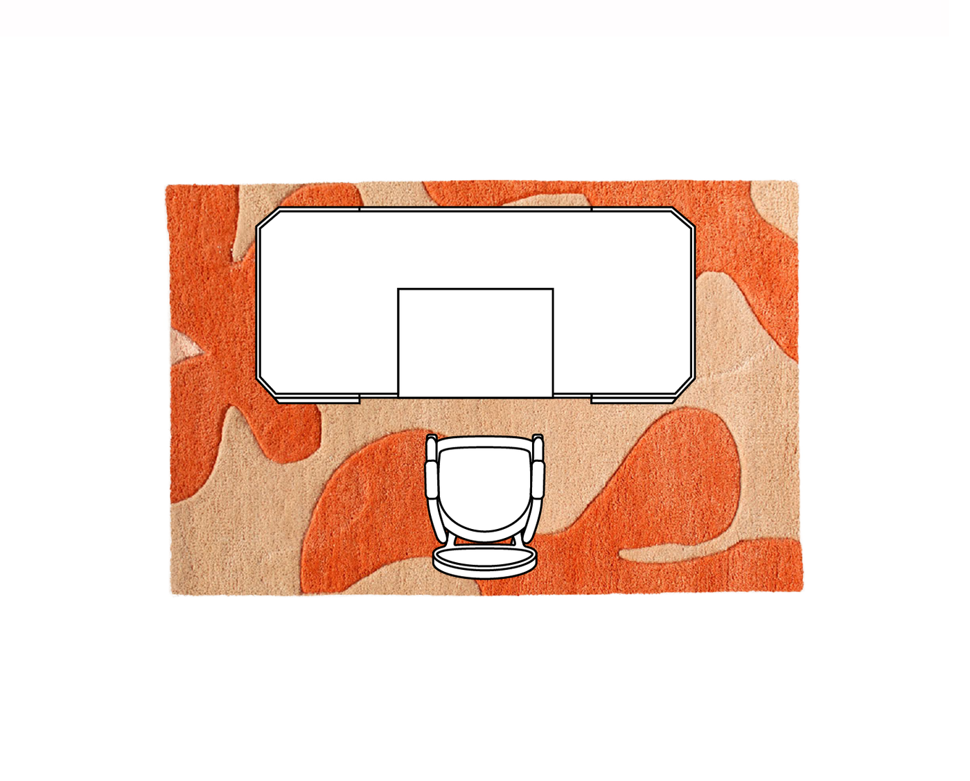 Orange 4x6 rug placed under a desk and chair in a compact home office layout – best rug size for small office setups.