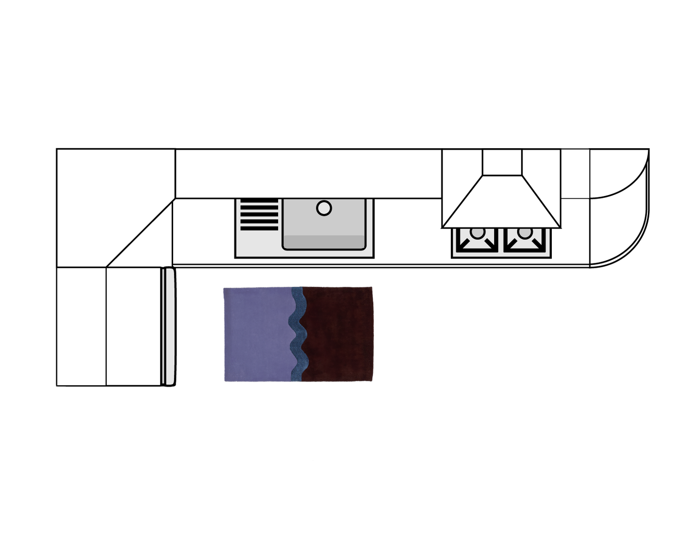Compact kitchen layout with a 2x3 rug placed in front of the sink and stove – ideal rug size for small galley kitchens.