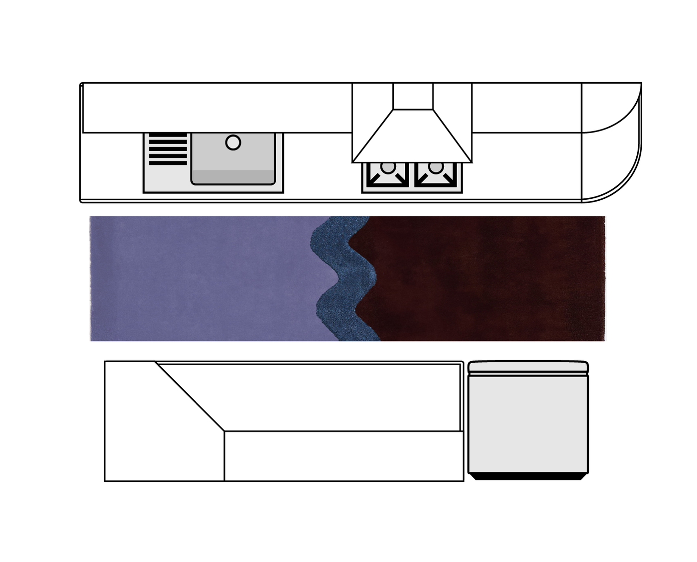 Medium-sized kitchen with a long 2x8 runner rug placed in the walkway between cabinets and island – best for extended prep zones.