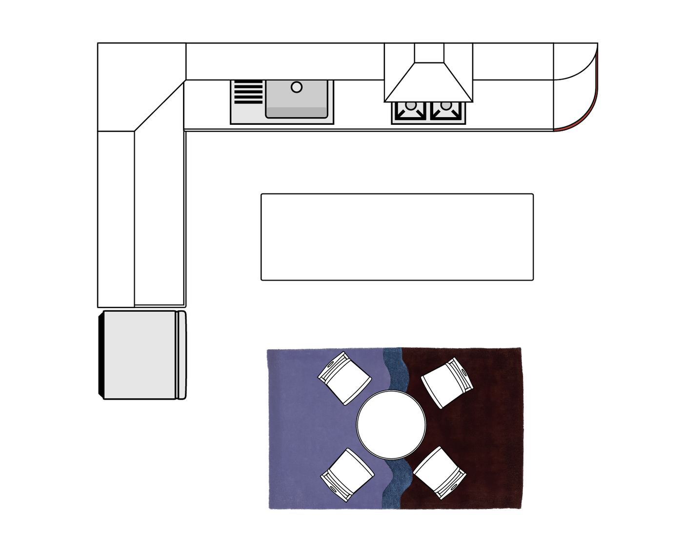 Spacious kitchen with a 6x9 rug under a round table and four chairs – perfect rug size for eat-in kitchens with an open layout.