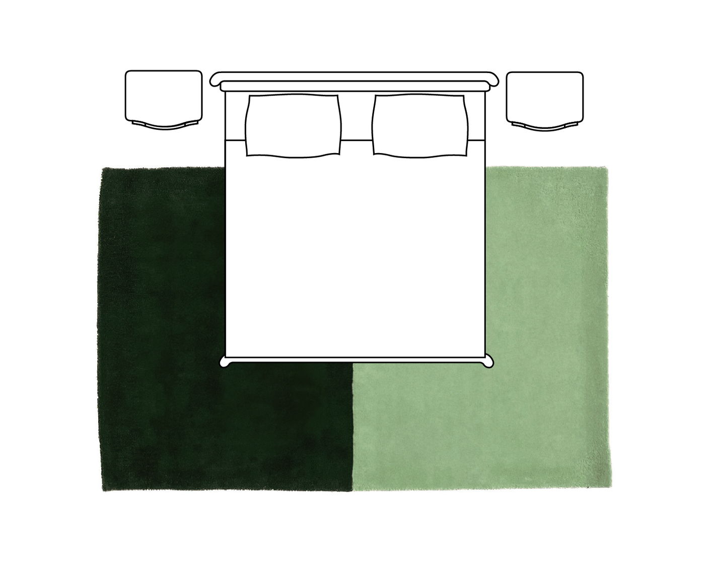 6x9 area rug layout under a queen bed with room to spare on all sides