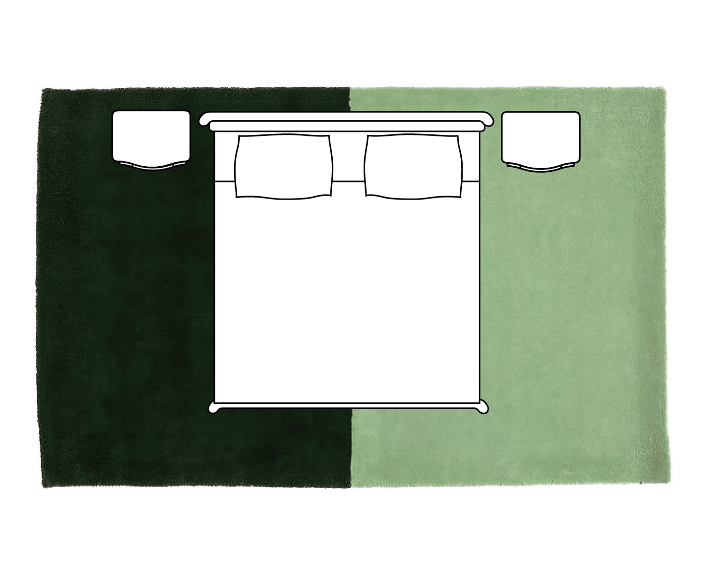 8x10 rug placement under queen bed covering nightstands and extending beyond the foot