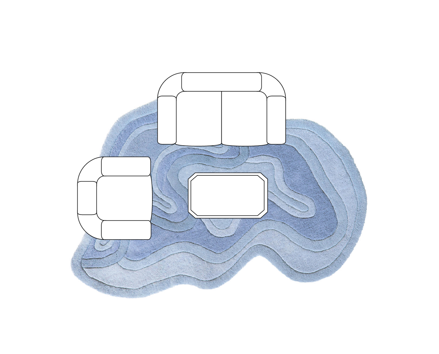 Small living room rug layout with a 5x7 or 6x9 area rug under a coffee table and two couches
