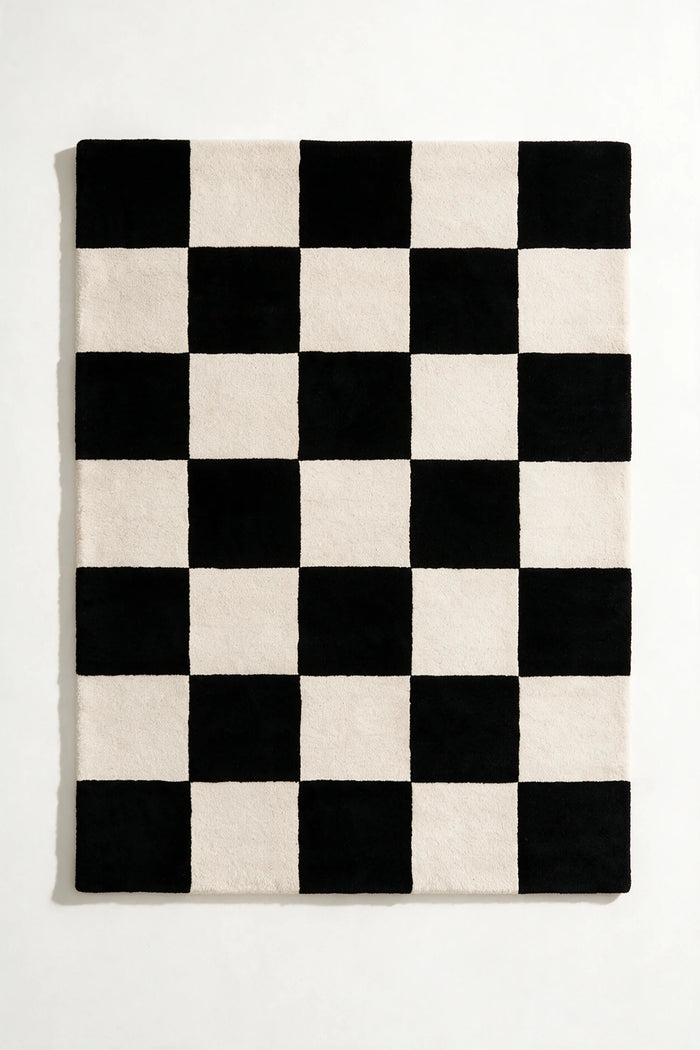9x12 modern black and white checkered wool rug for living rooms, kitchens, or bedrooms