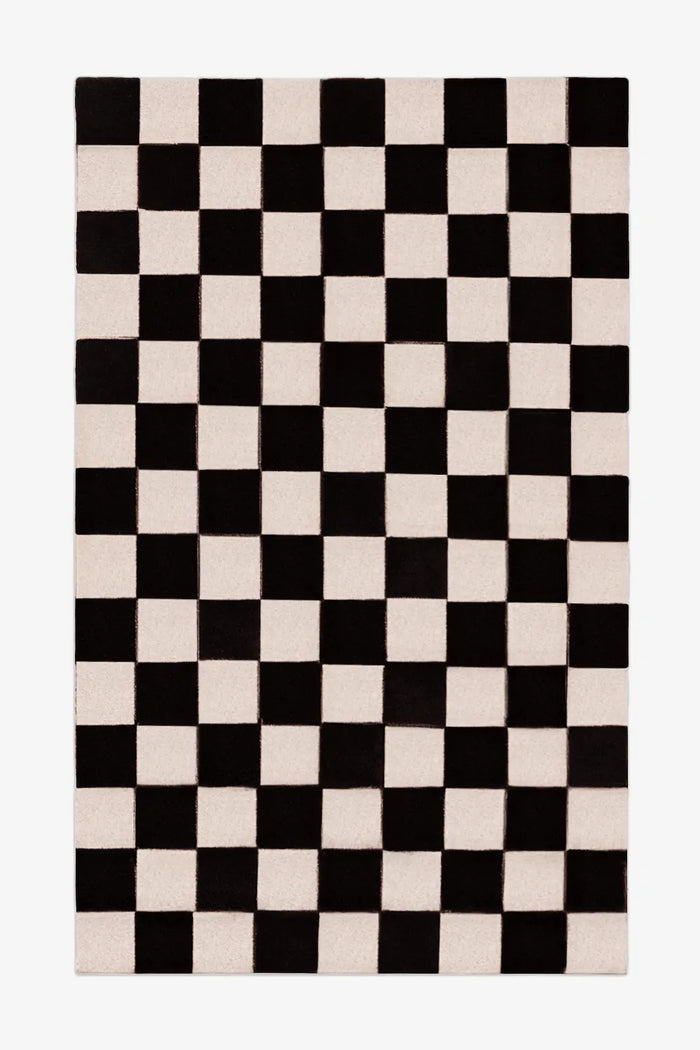 5x8 black and white wool checkered area rug perfect for modern dining rooms, living rooms, and bedrooms