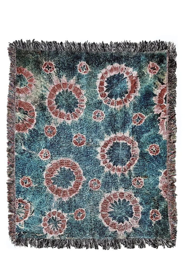 Blue and Red Tie Dye Cotton Woven Throw Blanket with Colorful Fringe - Perfect for Couch or Bed