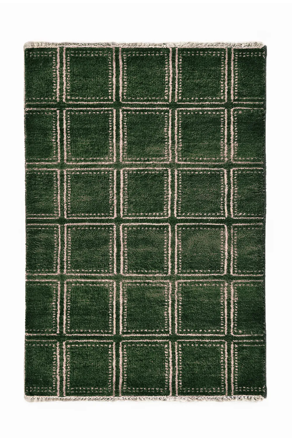 Green geometric area rug with a modern square pattern