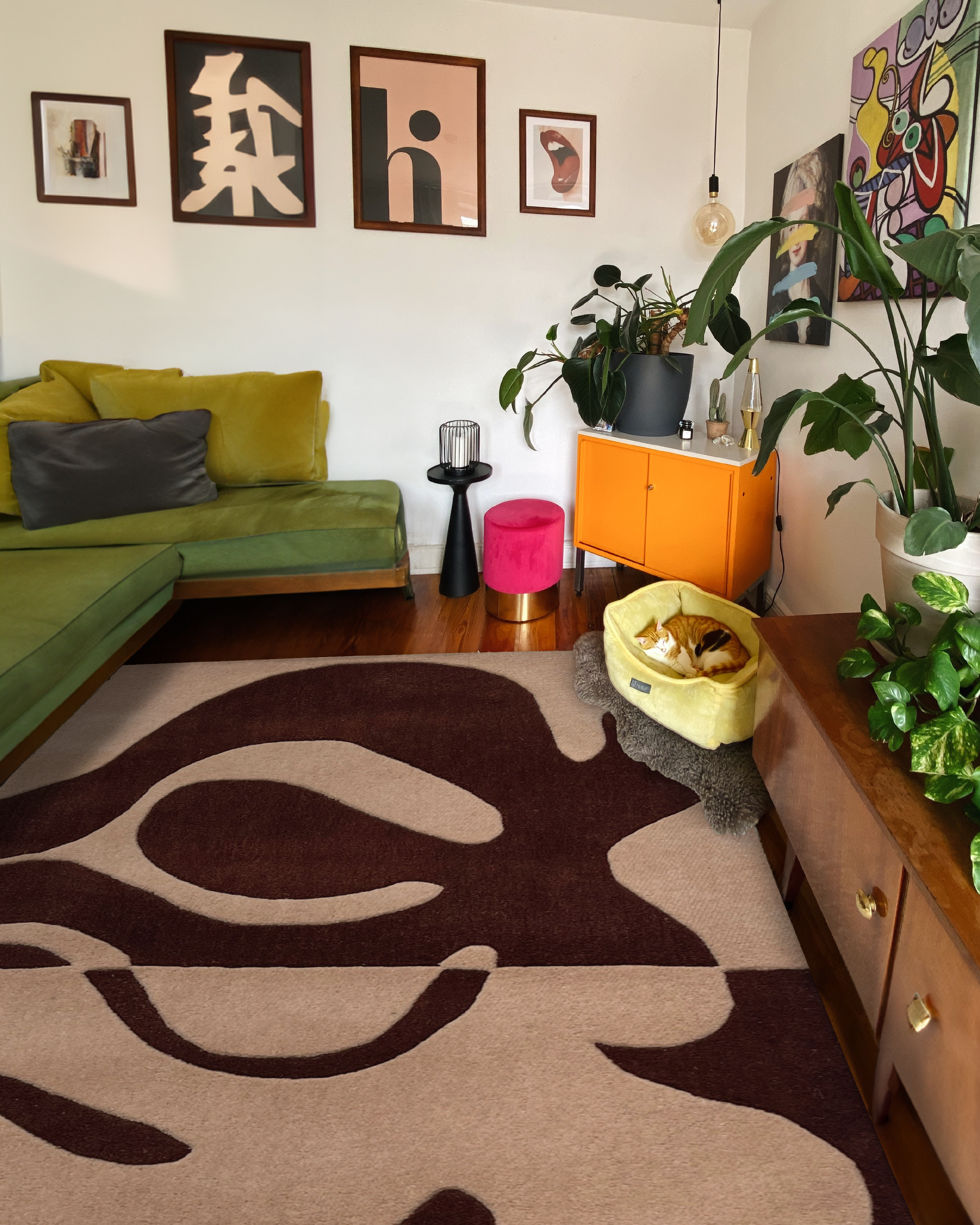 Brown sculptural wool rug with organic shapes, a boutique rug for large living rooms or offices