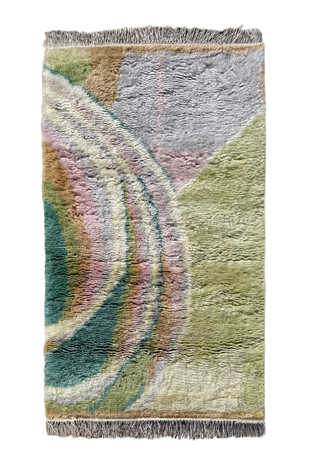 Modern pastel shag area rug with curved design in muted green, lavender, and soft peach