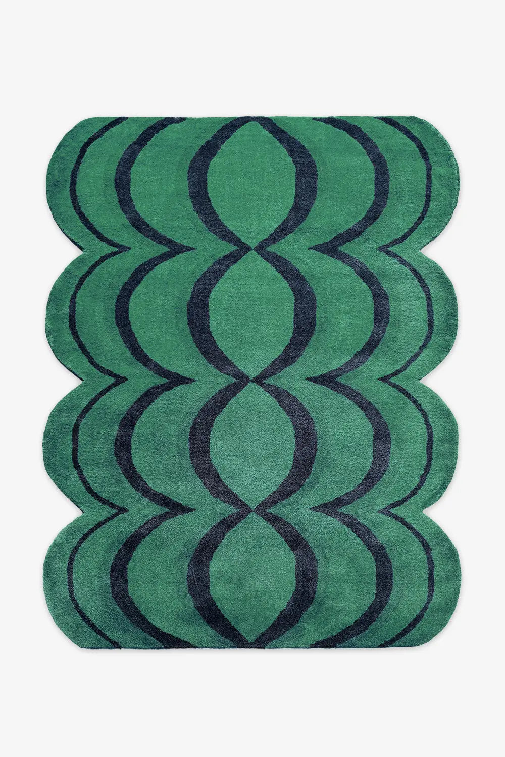 green custom modern wool rug with playful sculpted curves and black geometric design