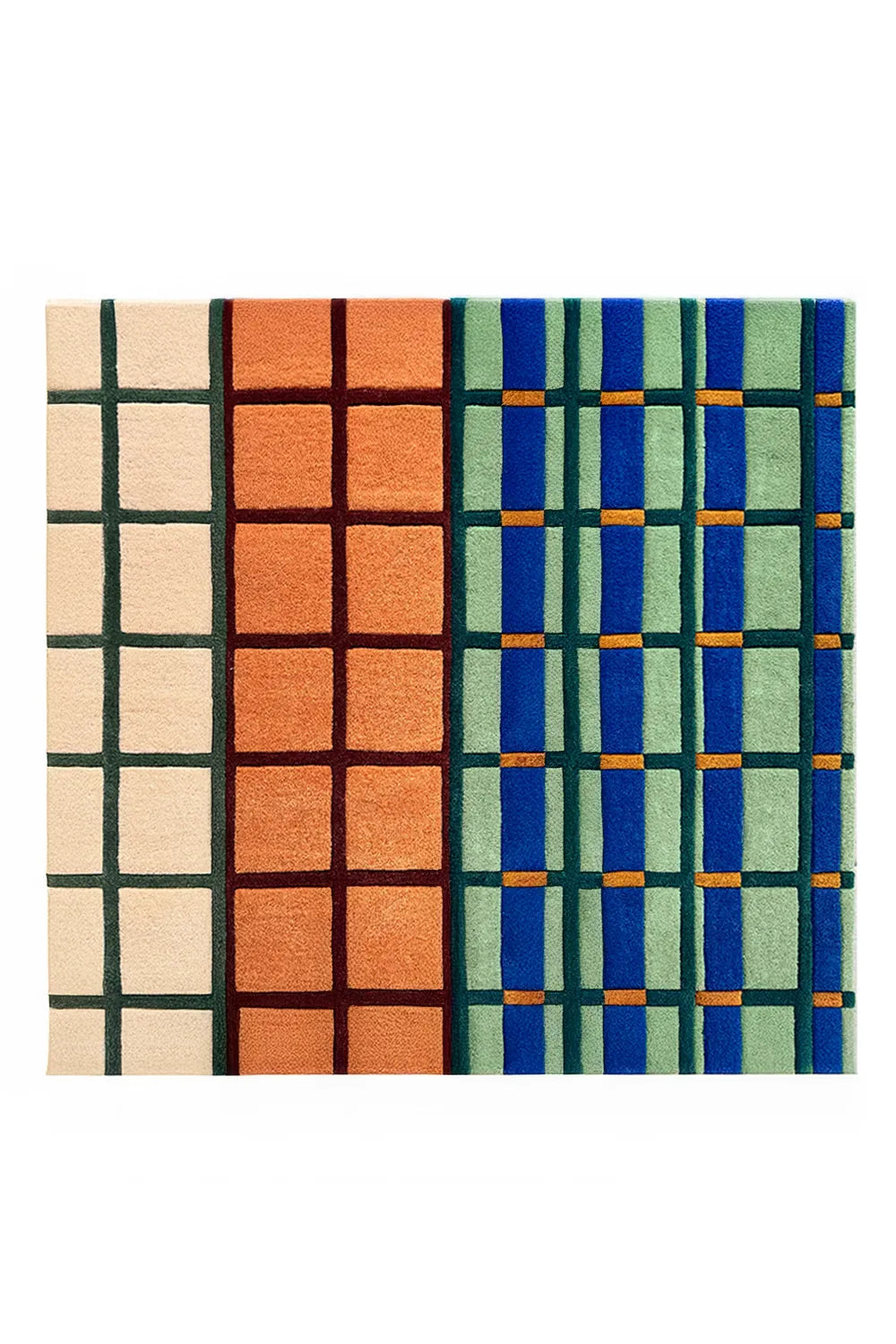 High-end wool rug with a structured multicolor grid design