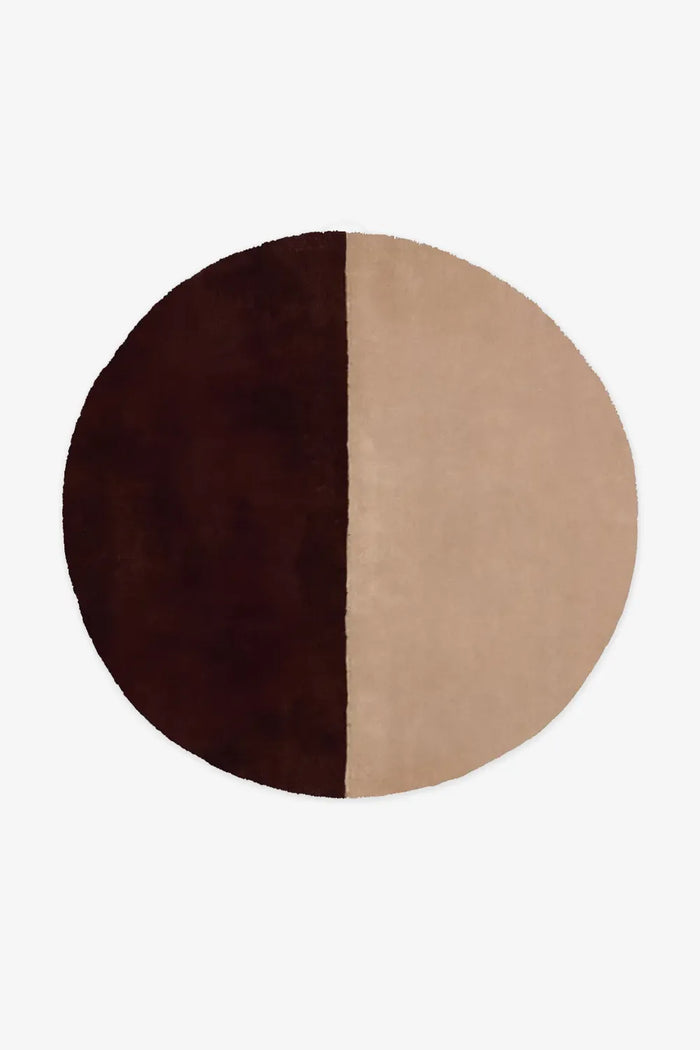 Warm tan and chocolate brown wool round rug, perfect for neutral bedrooms, minimalist living rooms, or earthy boho design hazelnut