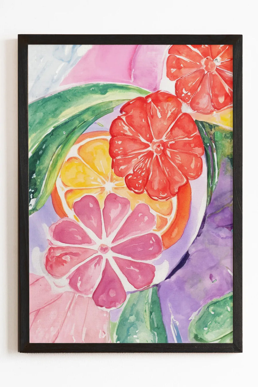 Colorful Garden Watercolor Art Print with bright flowers and citrus fruit