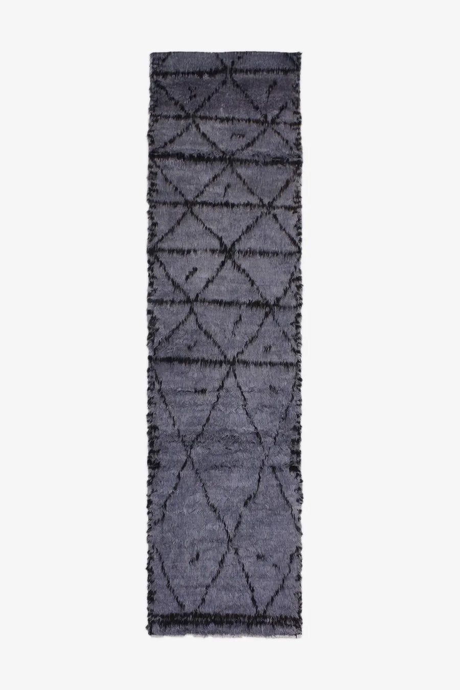 Charcoal gray shag wool runner rug, shown in 2x8 and 3x12 sizes, perfect for modern entryways, long hallways, and narrow kitchen islands