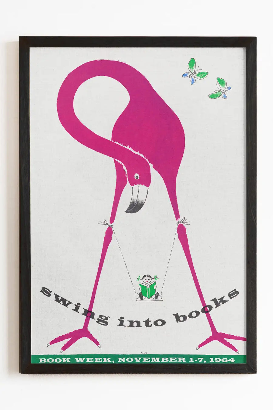Swing Into Books vintage flamingo poster with playful book fair design