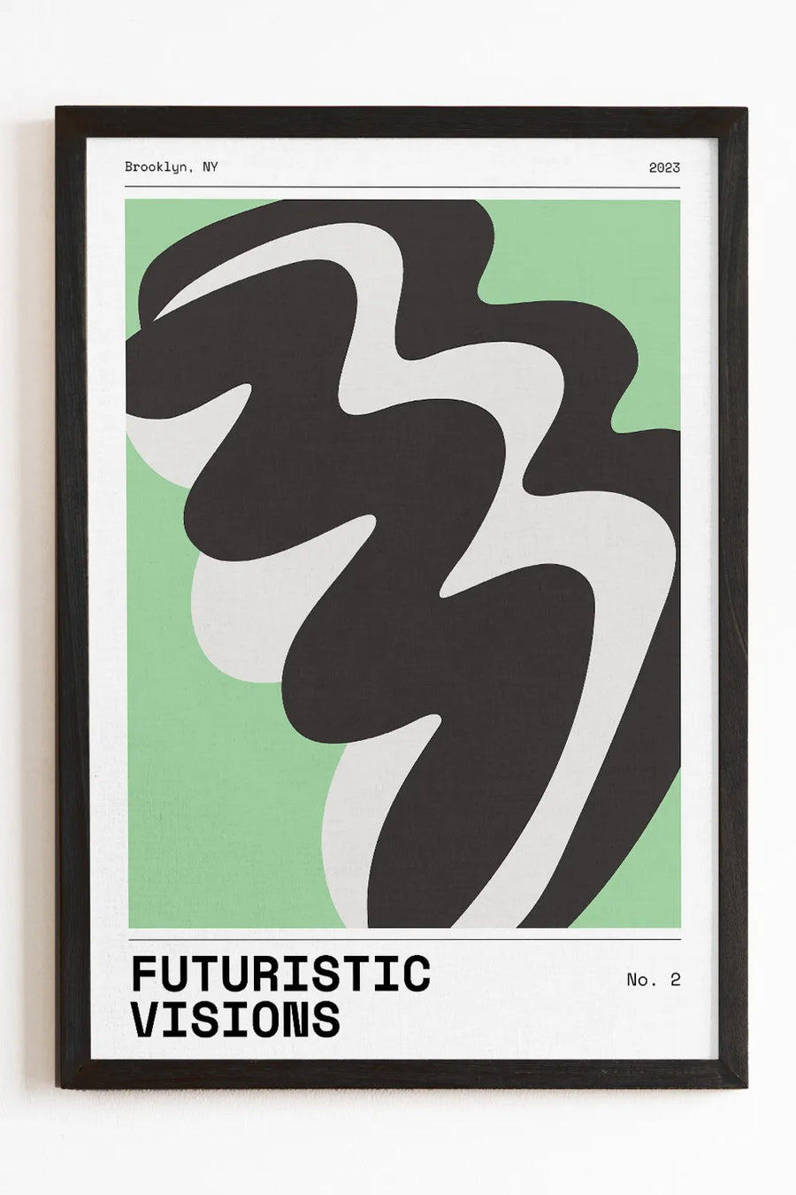 Futuristic Visions art print featuring bold abstract waves in black and white on a green background.