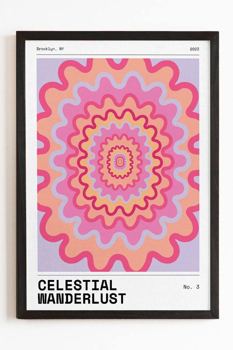 Celestial Wanderlust art print featuring psychedelic wavy patterns in pink, orange, and lavender.