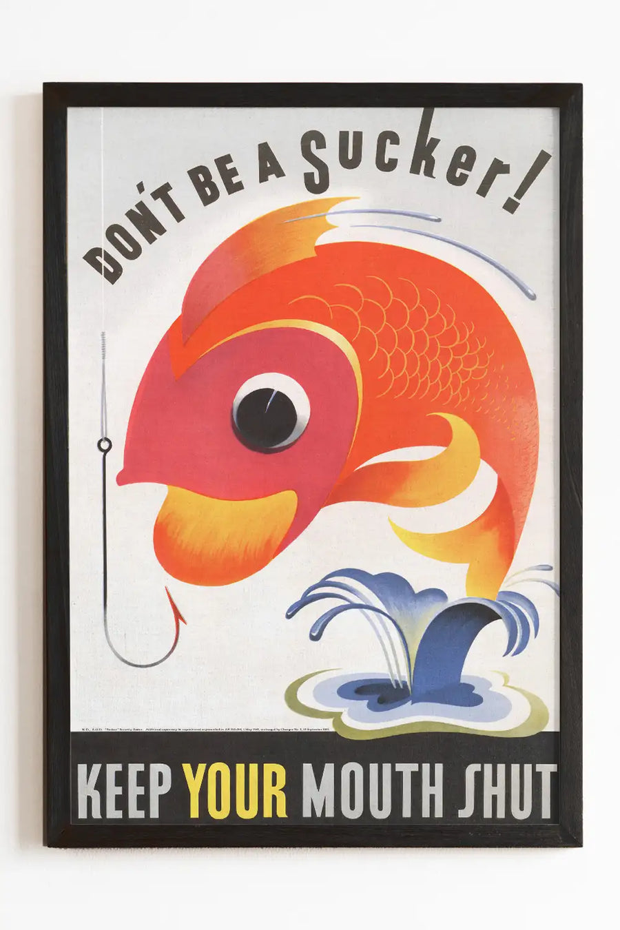 Don't Be A Sucker vintage WWII propaganda poster with a bright orange fish