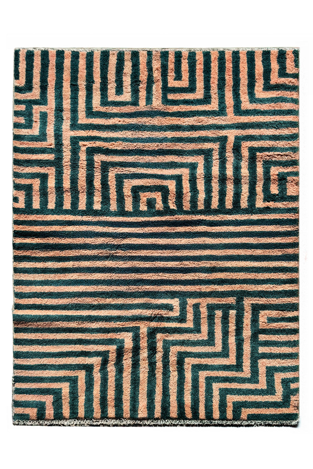 peach and green bold striped modern shag rug styled flat, perfect for colorful living rooms, bedrooms, and eclectic interiors