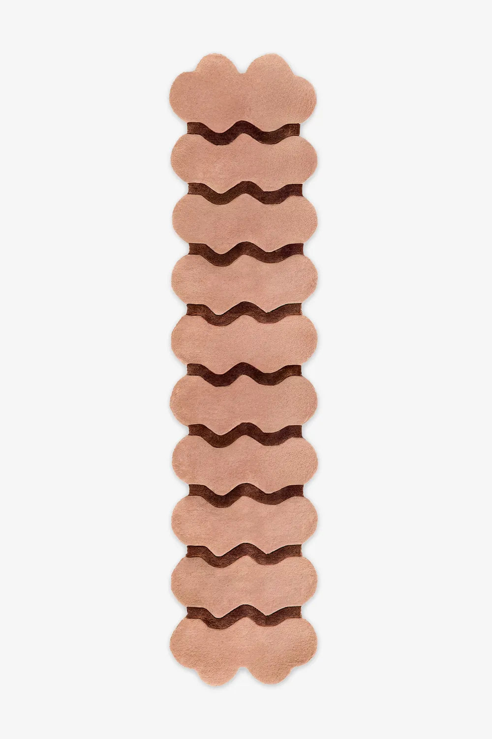extra long 12 foot runner rug with scalloped wavy striped design in brown and tan for modern hallway