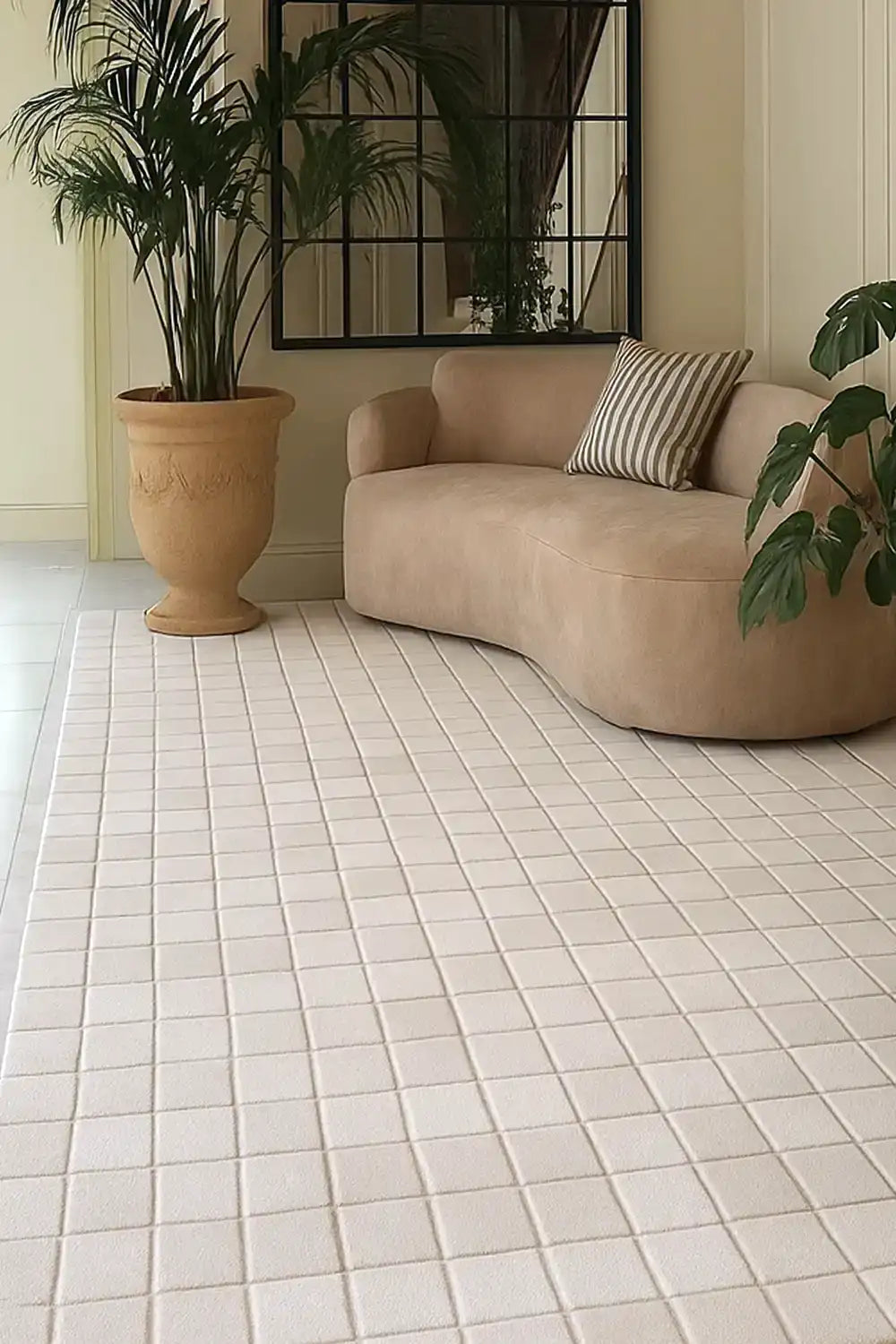 large 8x10 white checkered rug in a modern living room with neutral interior decor lifestyle