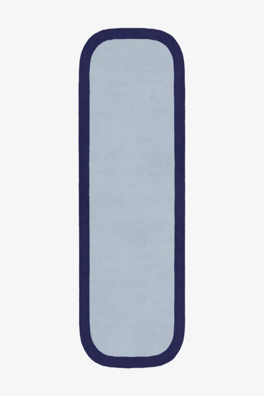Light blue wool runner rug with navy border, modern minimalist hallway rug 2x8