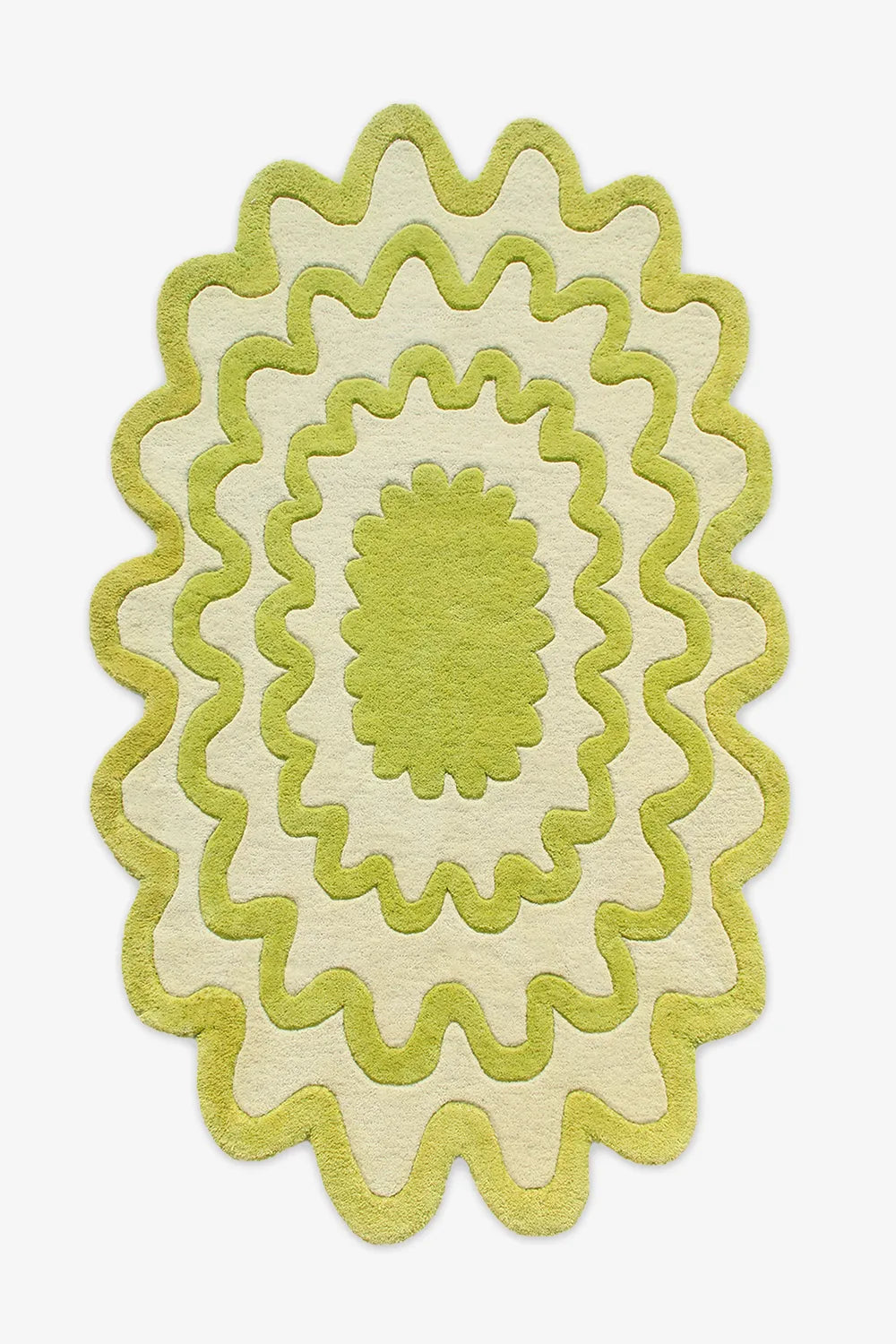 Lime green ripple rug with scalloped edges, perfect as a funky oval area rug for a modern living room