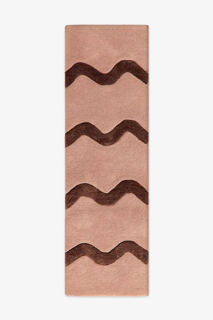 Tan wool runner rug with dark brown wavy stripes, boho earth tone runner rug 2x8