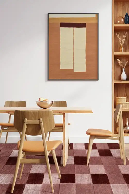 burgundy checkered rug in a modern dining room
