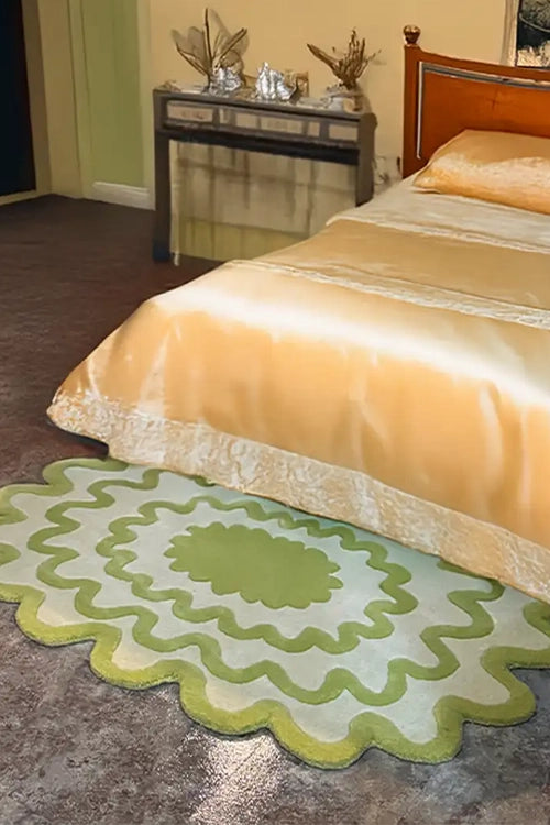 unique green scalloped rug in a classic bedroom