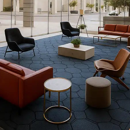 geometric oversized blue area rug in a building lobby custom rug for business