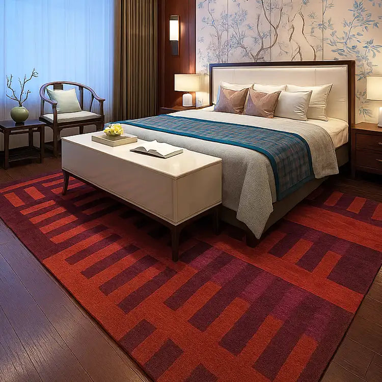 custom graphic red rug in an asian inspired luxury hotel room