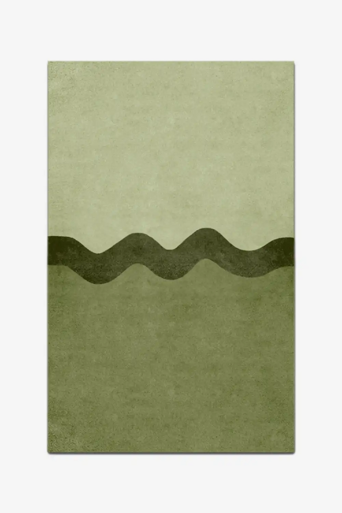 olive green rug with wavy stripe line design on a white background