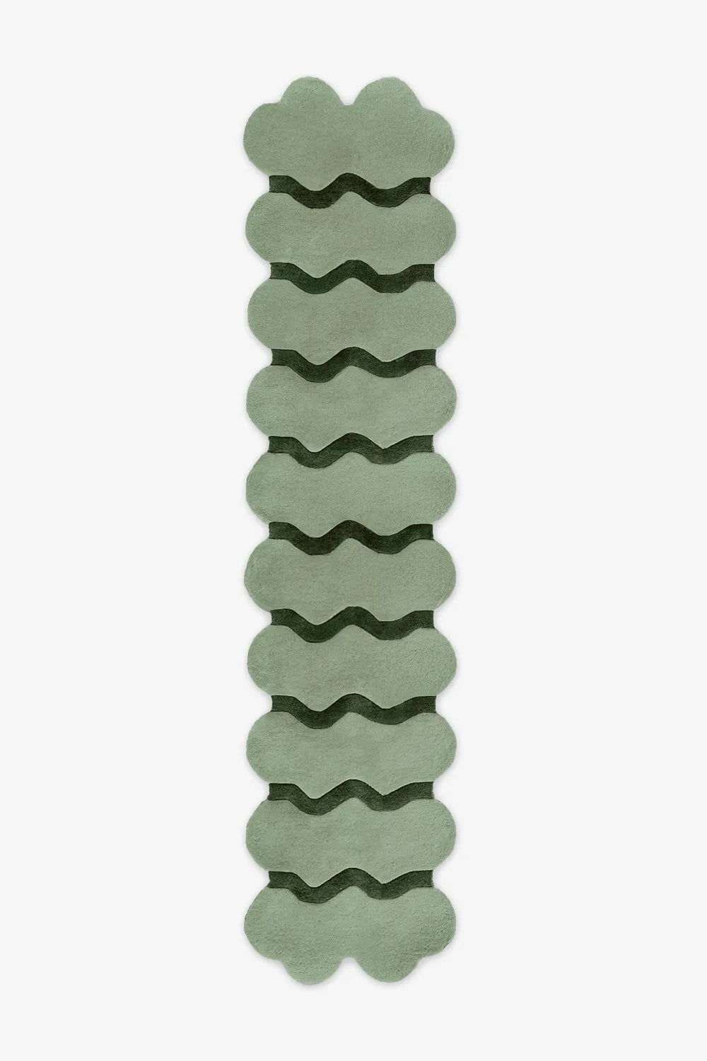 Extra long 12 ft sculptural sage runner rug with dark green waves, perfect for earthy modern interiors