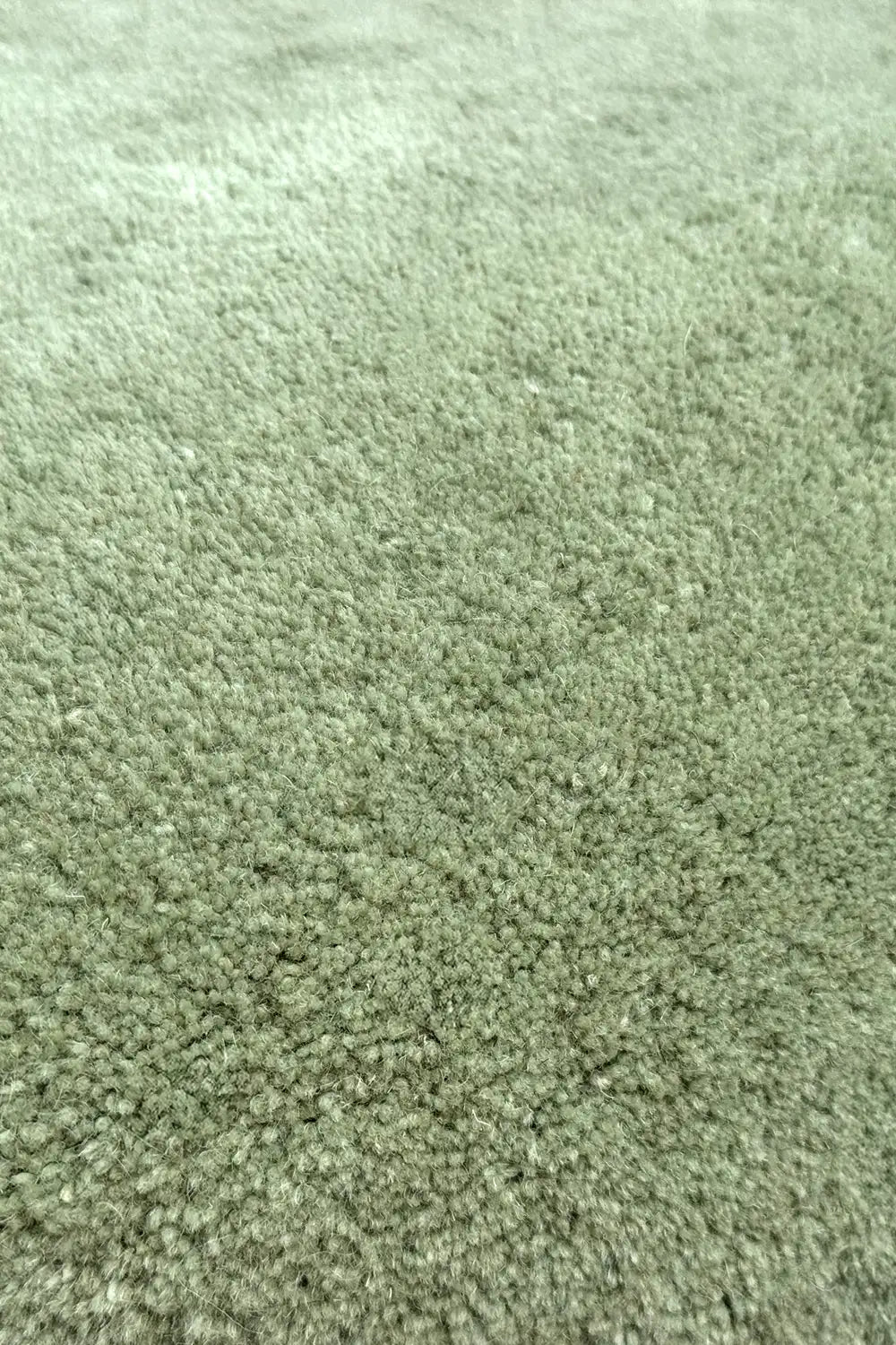 Close-up texture of sage green wool area rug, plush and soft modern living room rug