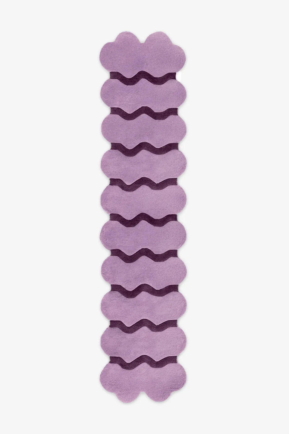 Extra long 20 ft sculptural purple runner rug with darker purple waves, perfect for playful kids rooms